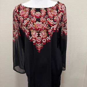 JM Collection black, red, tan tunic with sheer slit sleeves, cold shoulder, 0X